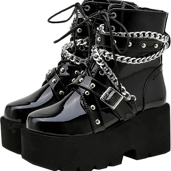 talv shoes Shoes - Womens Thick Platform Chunky Heel Booties Patent Leather Chain Ankle Boot Sz 40